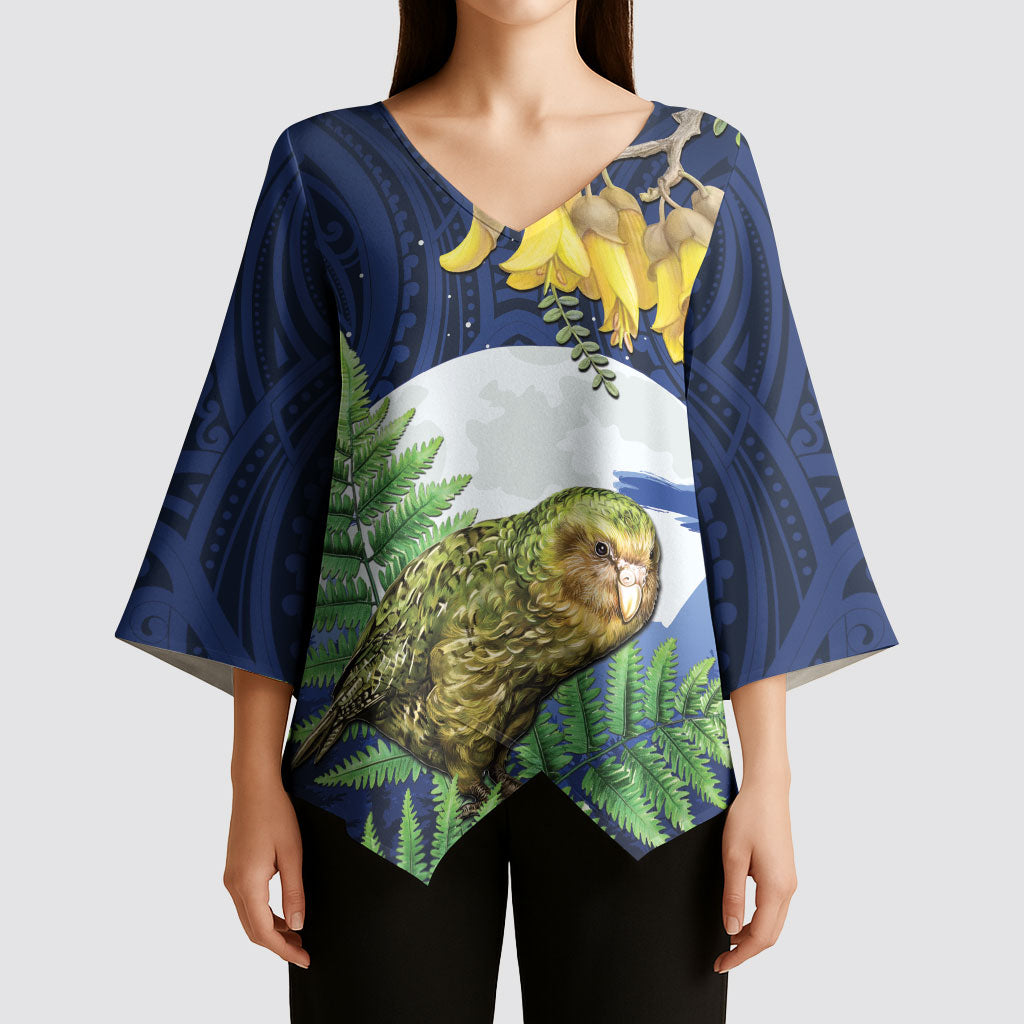 Kakapo New Zealand Personalised Kimono Sleeve Blouse Kowhai Flower Silver Fern Maori Pattern LT22 - Polynesian Pride