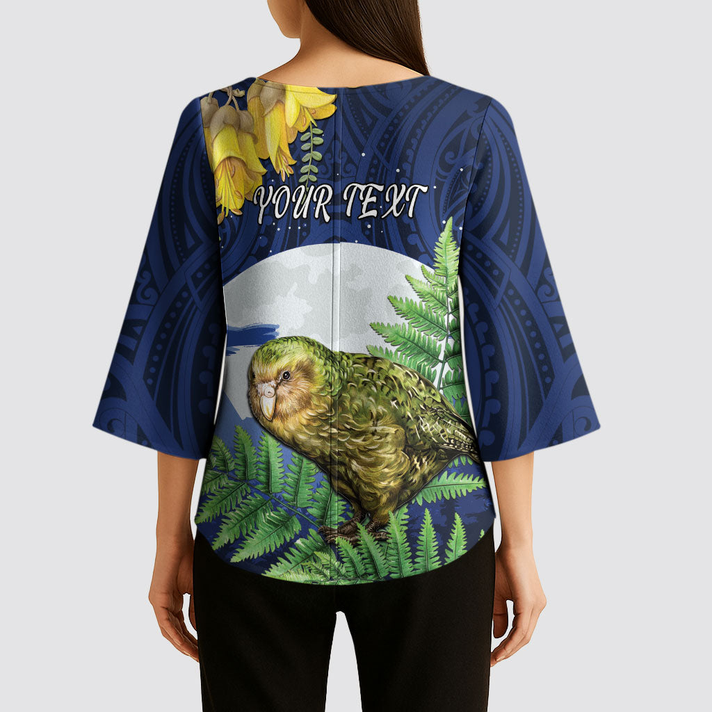 Kakapo New Zealand Personalised Kimono Sleeve Blouse Kowhai Flower Silver Fern Maori Pattern LT22 - Polynesian Pride