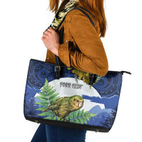 Kakapo New Zealand Personalised Leather Tote Bag Kowhai Flower Silver Fern Maori Pattern LT22 Blue - Polynesian Pride