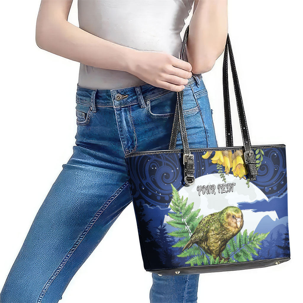 Kakapo New Zealand Personalised Leather Tote Bag Kowhai Flower Silver Fern Maori Pattern LT22 - Polynesian Pride