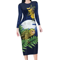 Kakapo New Zealand Personalised Long Sleeve Bodycon Dress Kowhai Flower Silver Fern Maori Pattern
