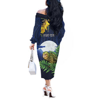Kakapo New Zealand Personalised Off The Shoulder Long Sleeve Dress Kowhai Flower Silver Fern Maori Pattern