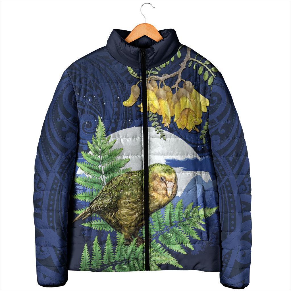 Kakapo New Zealand Personalised Padded Jacket Kowhai Flower Silver Fern Maori Pattern