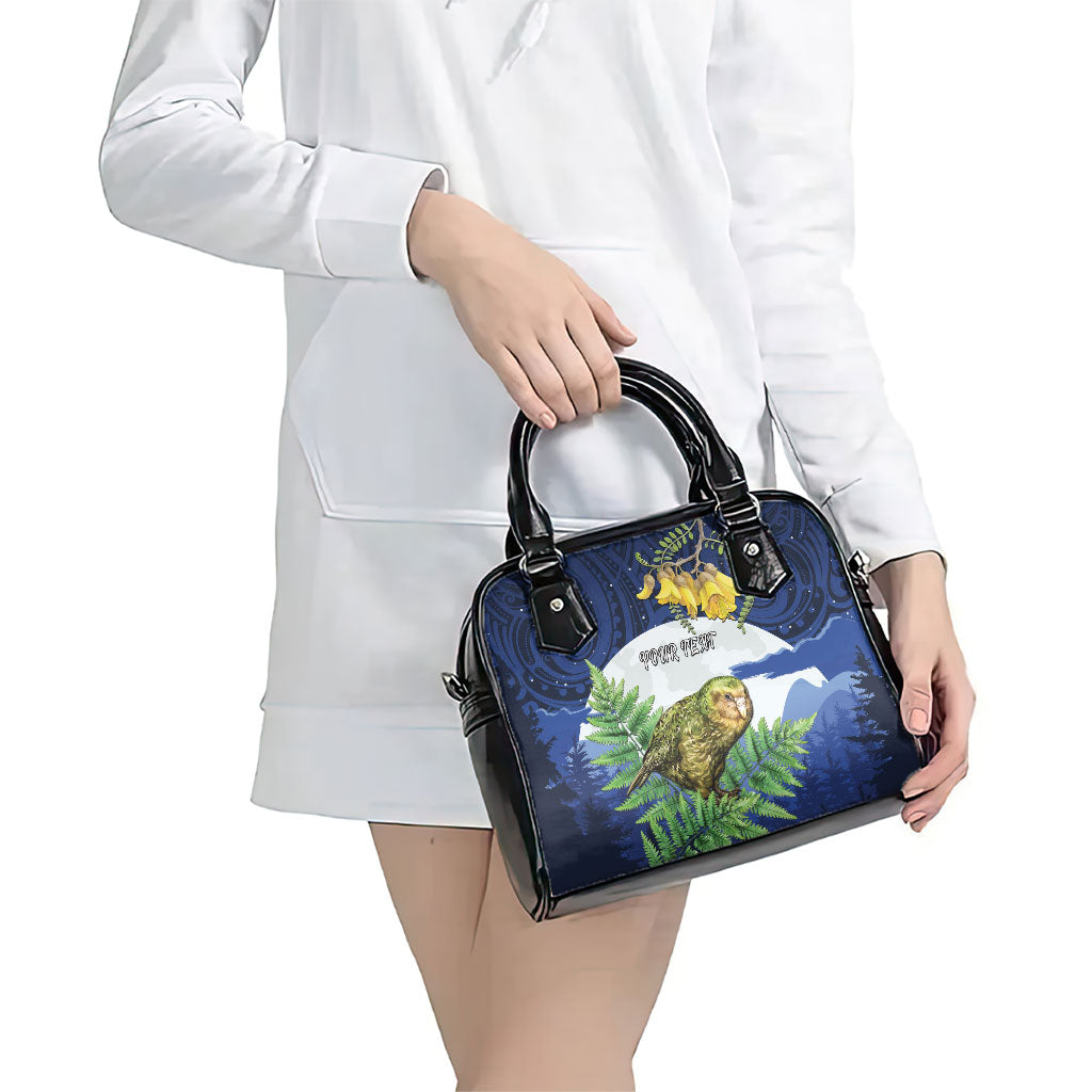 Kakapo New Zealand Personalised Shoulder Handbag Kowhai Flower Silver Fern Maori Pattern