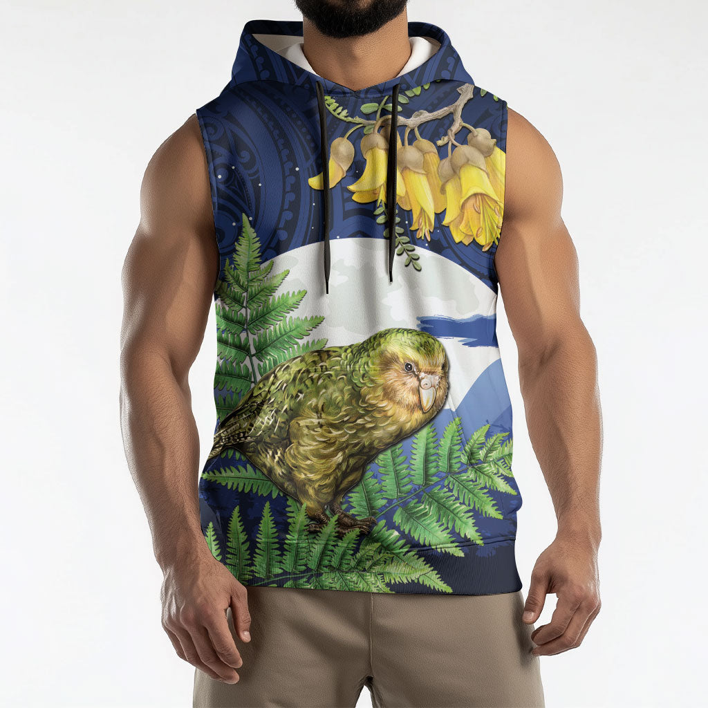 Kakapo New Zealand Personalised Sleeveless Hoodie Kowhai Flower Silver Fern Maori Pattern LT22 - Polynesian Pride