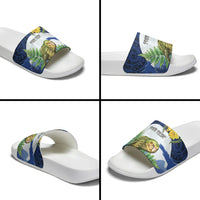 Kakapo New Zealand Personalised Slide Sandals Kowhai Flower Silver Fern Maori Pattern