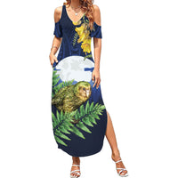 Kakapo New Zealand Personalised Summer Maxi Dress Kowhai Flower Silver Fern Maori Pattern LT22 Women Blue - Polynesian Pride