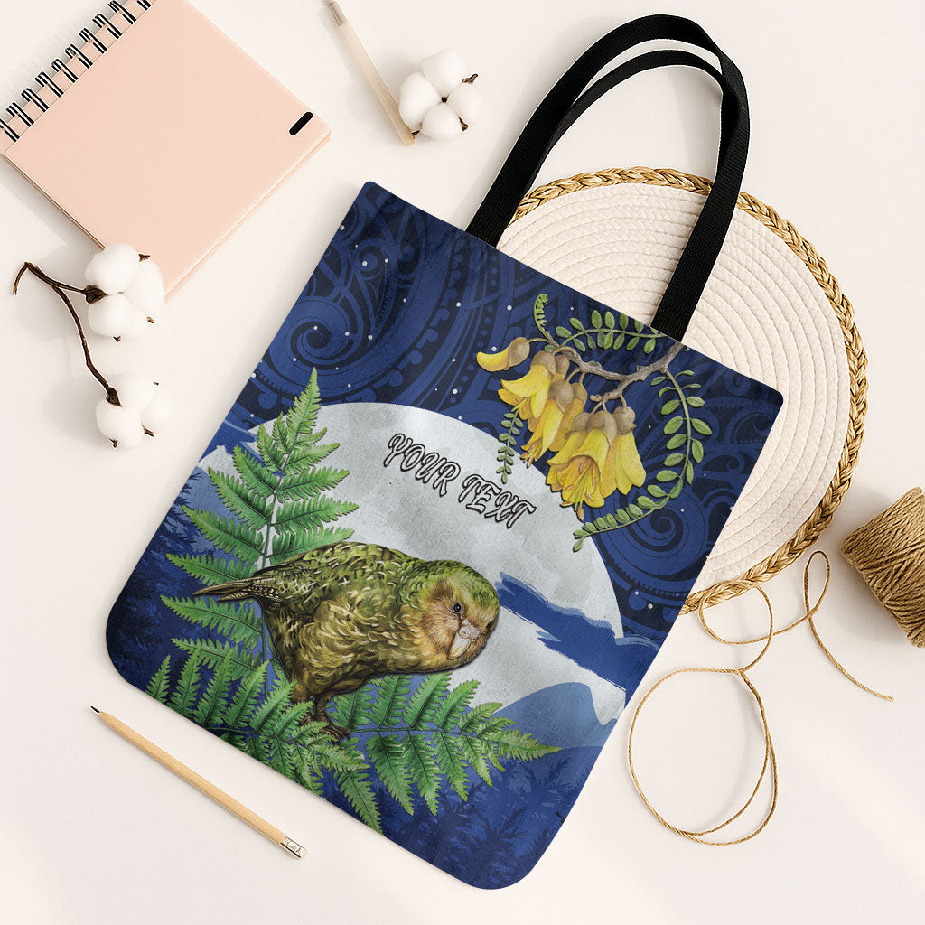 Kakapo New Zealand Personalised Tote Bag Kowhai Flower Silver Fern Maori Pattern LT22 Black Strap One Size Blue - Polynesian Pride