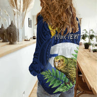Kakapo New Zealand Personalised Women Casual Shirt Kowhai Flower Silver Fern Maori Pattern