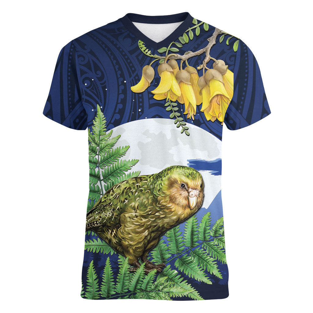 Kakapo New Zealand Personalised Women V-Neck T-Shirt Kowhai Flower Silver Fern Maori Pattern