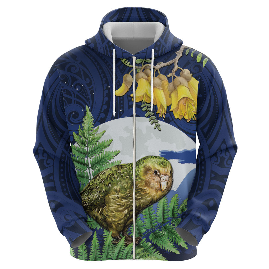 Kakapo New Zealand Personalised Zip Hoodie Kowhai Flower Silver Fern Maori Pattern LT22 - Polynesian Pride