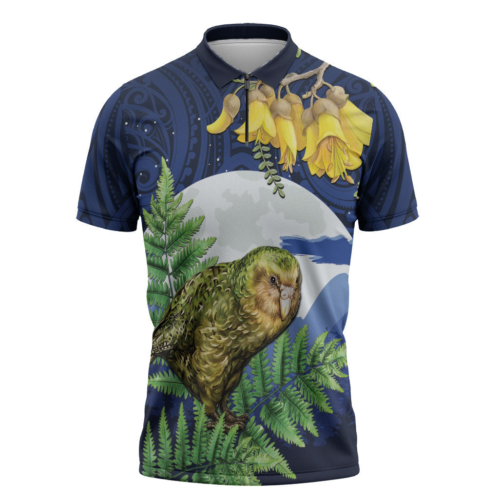 Kakapo New Zealand Personalised Zipper Polo Shirt Kowhai Flower Silver Fern Maori Pattern LT22 Blue - Polynesian Pride