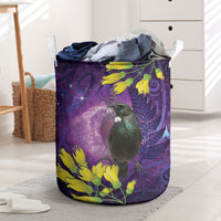 New Zealand Tui Bird Matariki Laundry Basket Kowhai Flower Silver Fern Galaxy Maori Pattern LT22 Purple - Polynesian Pride