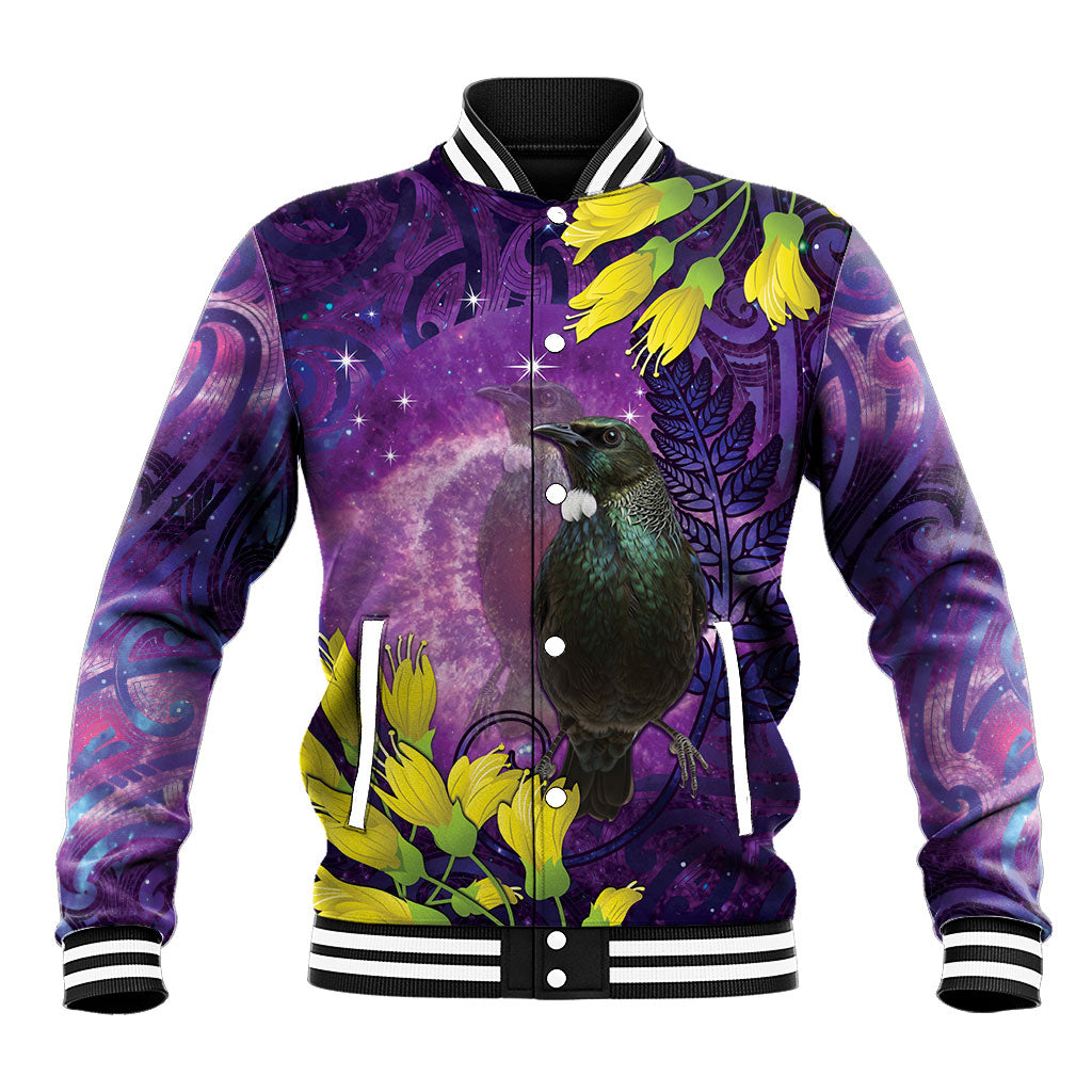 New Zealand Tui Bird Matariki Baseball Jacket Kowhai Flower Silver Fern Galaxy Maori Pattern LT22 Unisex Purple - Polynesian Pride