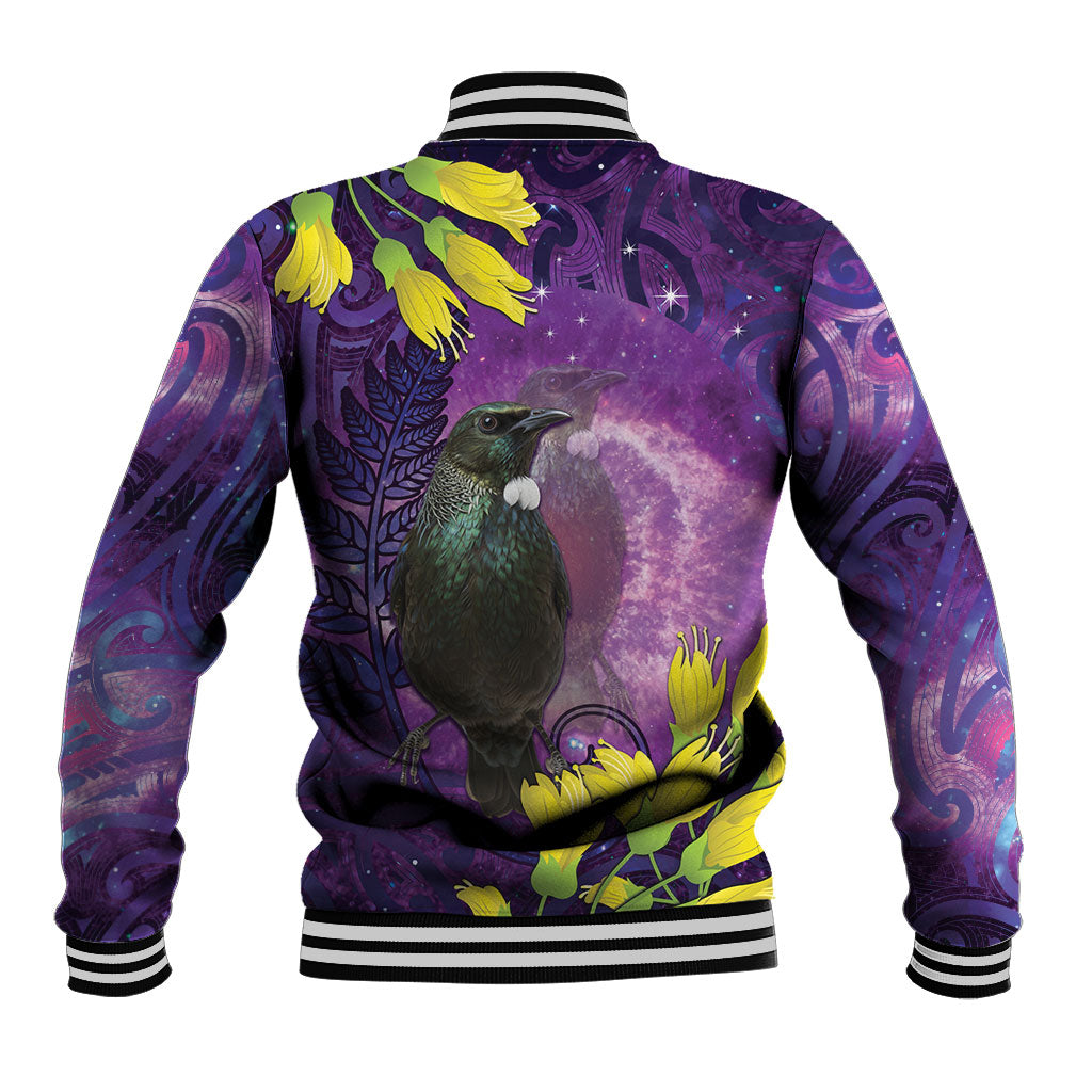 New Zealand Tui Bird Matariki Baseball Jacket Kowhai Flower Silver Fern Galaxy Maori Pattern LT22 - Polynesian Pride