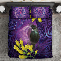 New Zealand Tui Bird Matariki Bedding Set Kowhai Flower Silver Fern Galaxy Maori Pattern LT22 Purple - Polynesian Pride