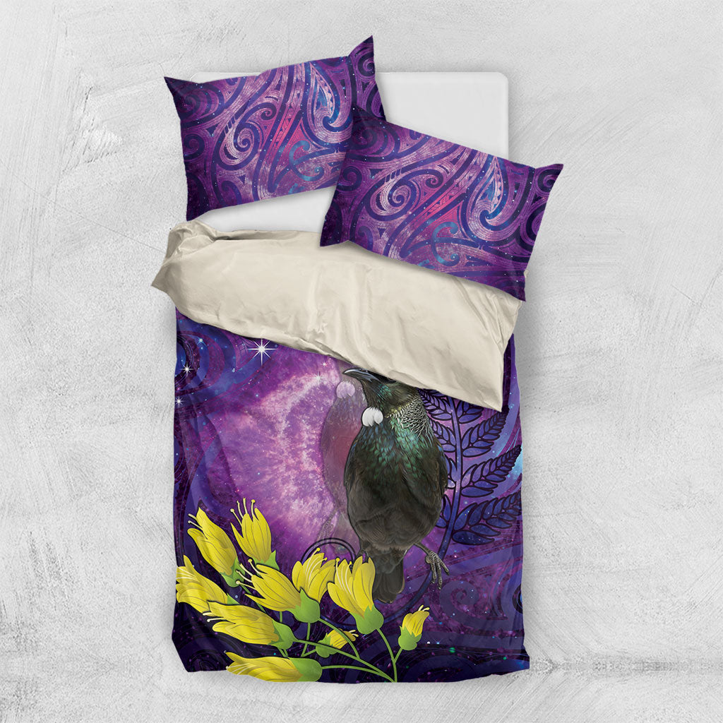 New Zealand Tui Bird Matariki Bedding Set Kowhai Flower Silver Fern Galaxy Maori Pattern LT22 US Twin 172cm x 218cm Purple - Polynesian Pride