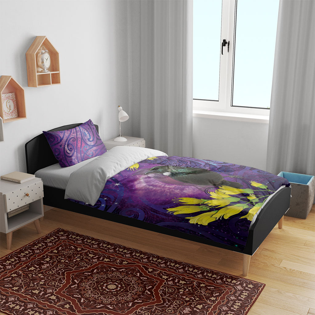 New Zealand Tui Bird Matariki Bedding Set Kowhai Flower Silver Fern Galaxy Maori Pattern LT22 - Polynesian Pride