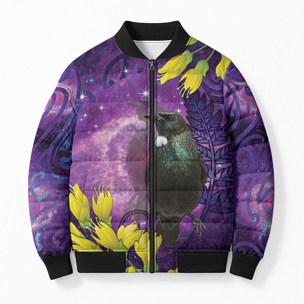 New Zealand Tui Bird Matariki Bomber Puffer Jacket Kowhai Flower Silver Fern Galaxy Maori Pattern
