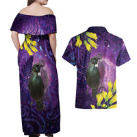 New Zealand Tui Bird Matariki Couples Matching Off Shoulder Maxi Dress and Hawaiian Shirt Kowhai Flower Silver Fern Galaxy Maori Pattern LT22 - Polynesian Pride
