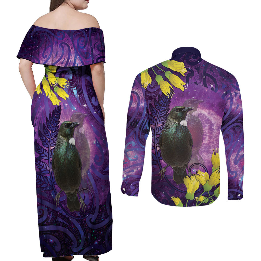New Zealand Tui Bird Matariki Couples Matching Off Shoulder Maxi Dress and Long Sleeve Button Shirt Kowhai Flower Silver Fern Galaxy Maori Pattern LT22 - Polynesian Pride
