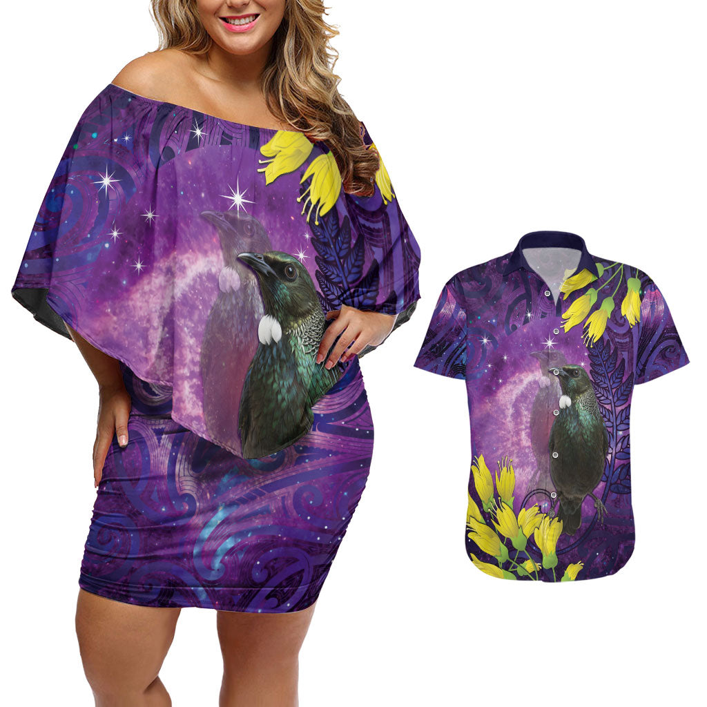New Zealand Tui Bird Matariki Couples Matching Off Shoulder Short Dress and Hawaiian Shirt Kowhai Flower Silver Fern Galaxy Maori Pattern LT22 Purple - Polynesian Pride