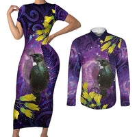 New Zealand Tui Bird Matariki Couples Matching Short Sleeve Bodycon Dress and Long Sleeve Button Shirt Kowhai Flower Silver Fern Galaxy Maori Pattern LT22 Purple - Polynesian Pride