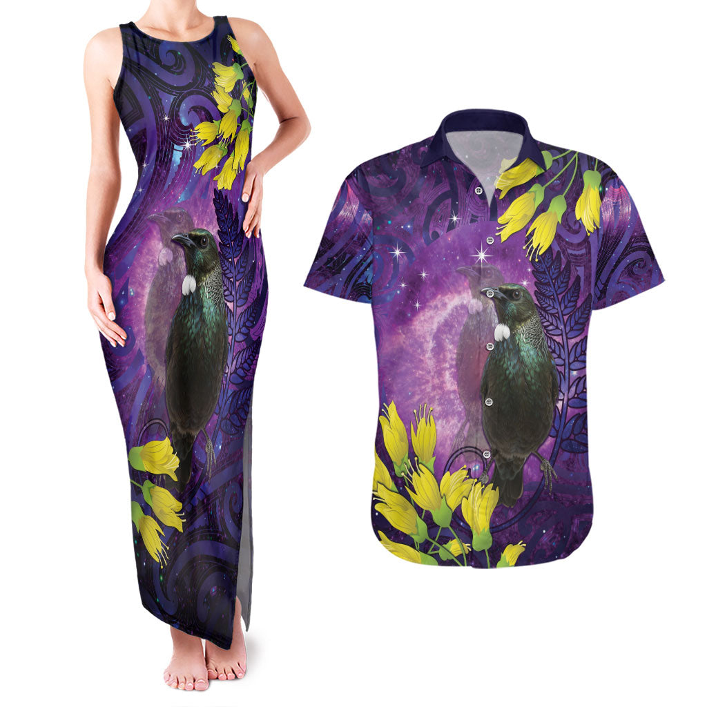New Zealand Tui Bird Matariki Couples Matching Tank Maxi Dress and Hawaiian Shirt Kowhai Flower Silver Fern Galaxy Maori Pattern LT22 Purple - Polynesian Pride
