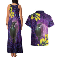 New Zealand Tui Bird Matariki Couples Matching Tank Maxi Dress and Hawaiian Shirt Kowhai Flower Silver Fern Galaxy Maori Pattern LT22 - Polynesian Pride