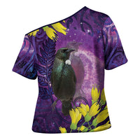 New Zealand Tui Bird Matariki Cross Shoulder Shirt Kowhai Flower Silver Fern Galaxy Maori Pattern LT22 - Polynesian Pride