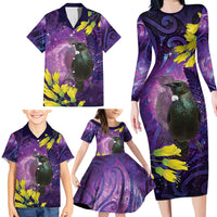 New Zealand Tui Bird Matariki Family Matching Long Sleeve Bodycon Dress and Hawaiian Shirt Kowhai Flower Silver Fern Galaxy Maori Pattern LT22 - Polynesian Pride