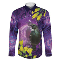 New Zealand Tui Bird Matariki Family Matching Long Sleeve Bodycon Dress and Hawaiian Shirt Kowhai Flower Silver Fern Galaxy Maori Pattern LT22 Dad's Shirt - Long Sleeve Purple - Polynesian Pride