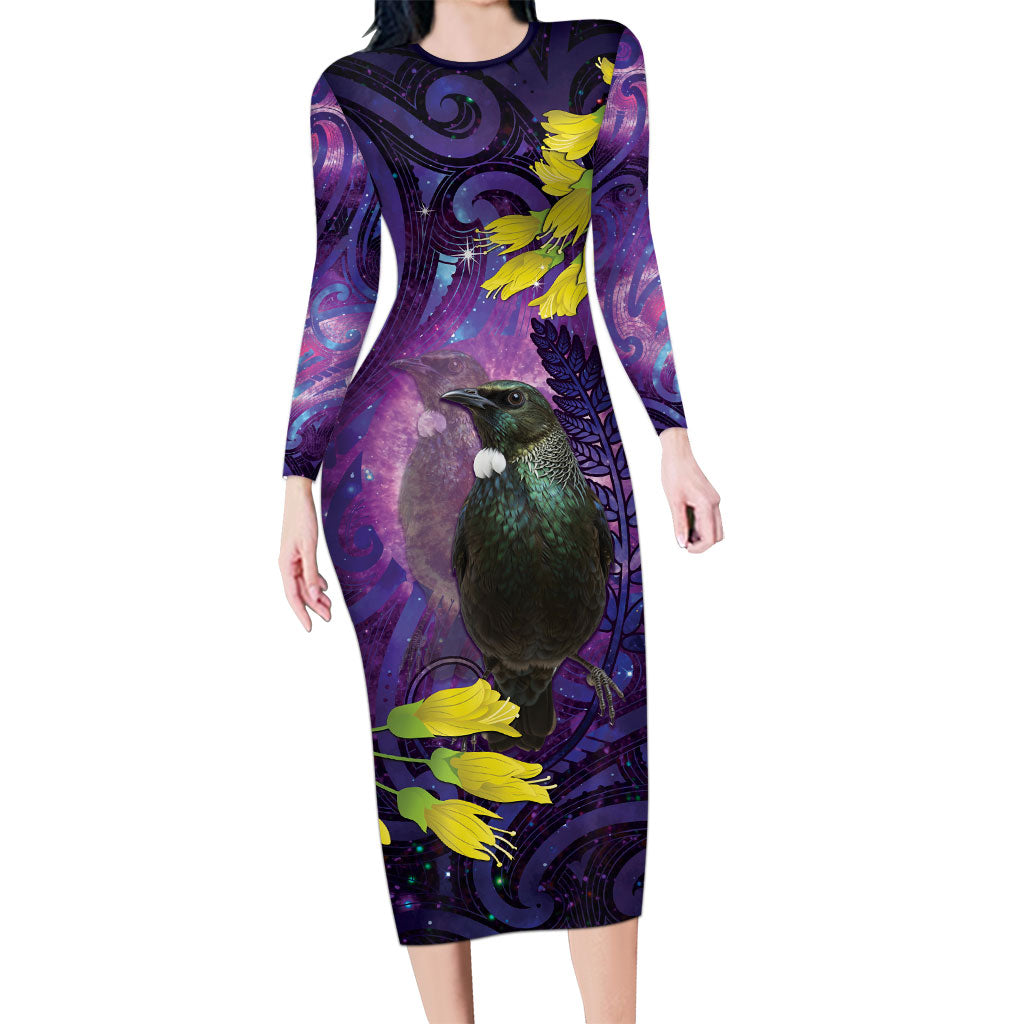 New Zealand Tui Bird Matariki Family Matching Long Sleeve Bodycon Dress and Hawaiian Shirt Kowhai Flower Silver Fern Galaxy Maori Pattern LT22 Mom's Dress Purple - Polynesian Pride