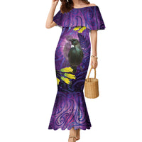 New Zealand Tui Bird Matariki Family Matching Mermaid Dress and Hawaiian Shirt Kowhai Flower Silver Fern Galaxy Maori Pattern LT22 Mom's Dress Purple - Polynesian Pride