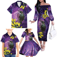 New Zealand Tui Bird Matariki Family Matching Off The Shoulder Long Sleeve Dress and Hawaiian Shirt Kowhai Flower Silver Fern Galaxy Maori Pattern LT22 - Polynesian Pride