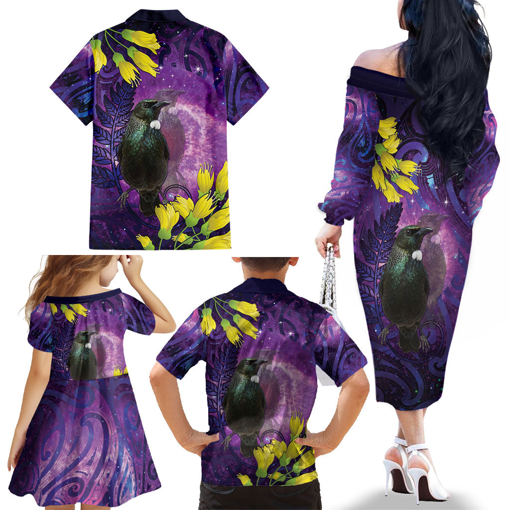 New Zealand Tui Bird Matariki Family Matching Off The Shoulder Long Sleeve Dress and Hawaiian Shirt Kowhai Flower Silver Fern Galaxy Maori Pattern LT22 - Polynesian Pride