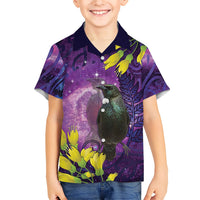 New Zealand Tui Bird Matariki Family Matching Off The Shoulder Long Sleeve Dress and Hawaiian Shirt Kowhai Flower Silver Fern Galaxy Maori Pattern LT22 Son's Shirt Purple - Polynesian Pride