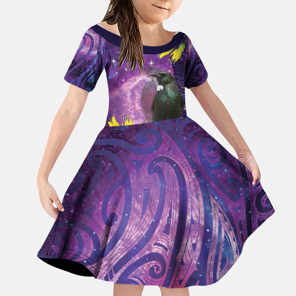 New Zealand Tui Bird Matariki Family Matching Off Shoulder Maxi Dress and Hawaiian Shirt Kowhai Flower Silver Fern Galaxy Maori Pattern LT22 Daughter's Dress Purple - Polynesian Pride
