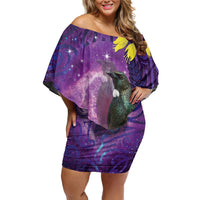 New Zealand Tui Bird Matariki Family Matching Off Shoulder Short Dress and Hawaiian Shirt Kowhai Flower Silver Fern Galaxy Maori Pattern LT22 Mom's Dress Purple - Polynesian Pride