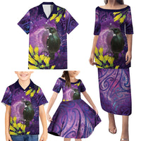 New Zealand Tui Bird Matariki Family Matching Puletasi and Hawaiian Shirt Kowhai Flower Silver Fern Galaxy Maori Pattern LT22 - Polynesian Pride