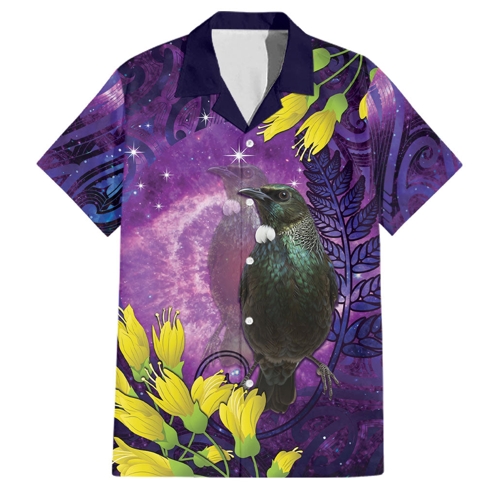 New Zealand Tui Bird Matariki Family Matching Short Sleeve Bodycon Dress and Hawaiian Shirt Kowhai Flower Silver Fern Galaxy Maori Pattern LT22 Dad's Shirt - Short Sleeve Purple - Polynesian Pride