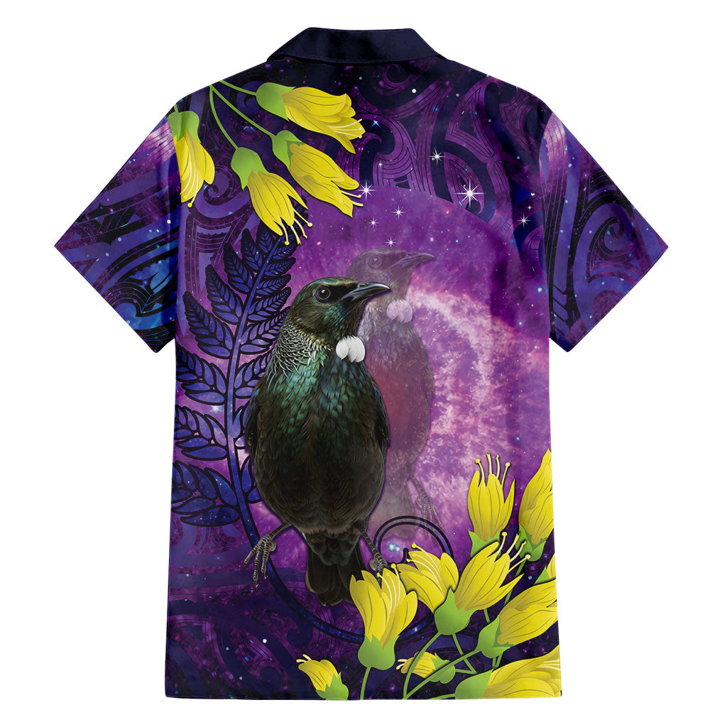 New Zealand Tui Bird Matariki Family Matching Summer Maxi Dress and Hawaiian Shirt Kowhai Flower Silver Fern Galaxy Maori Pattern LT22 - Polynesian Pride