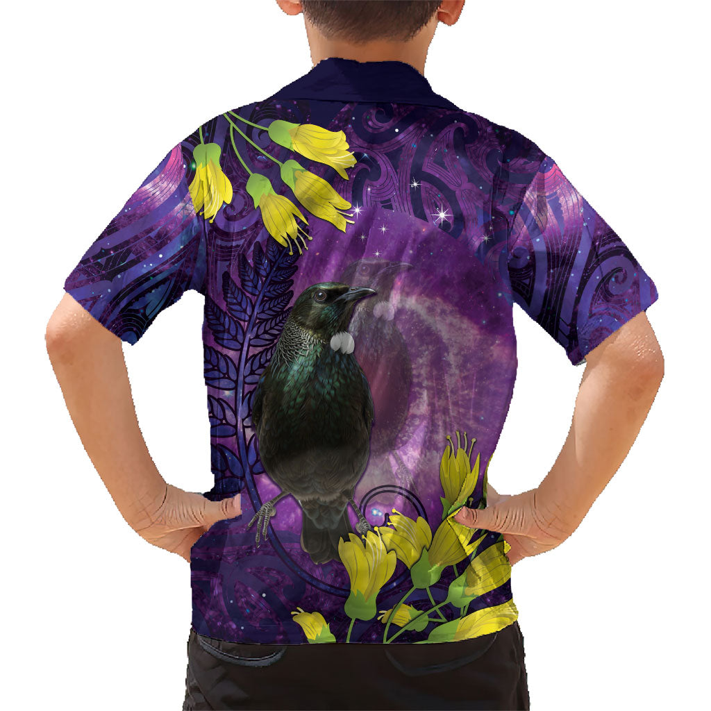 New Zealand Tui Bird Matariki Family Matching Tank Maxi Dress and Hawaiian Shirt Kowhai Flower Silver Fern Galaxy Maori Pattern LT22 - Polynesian Pride