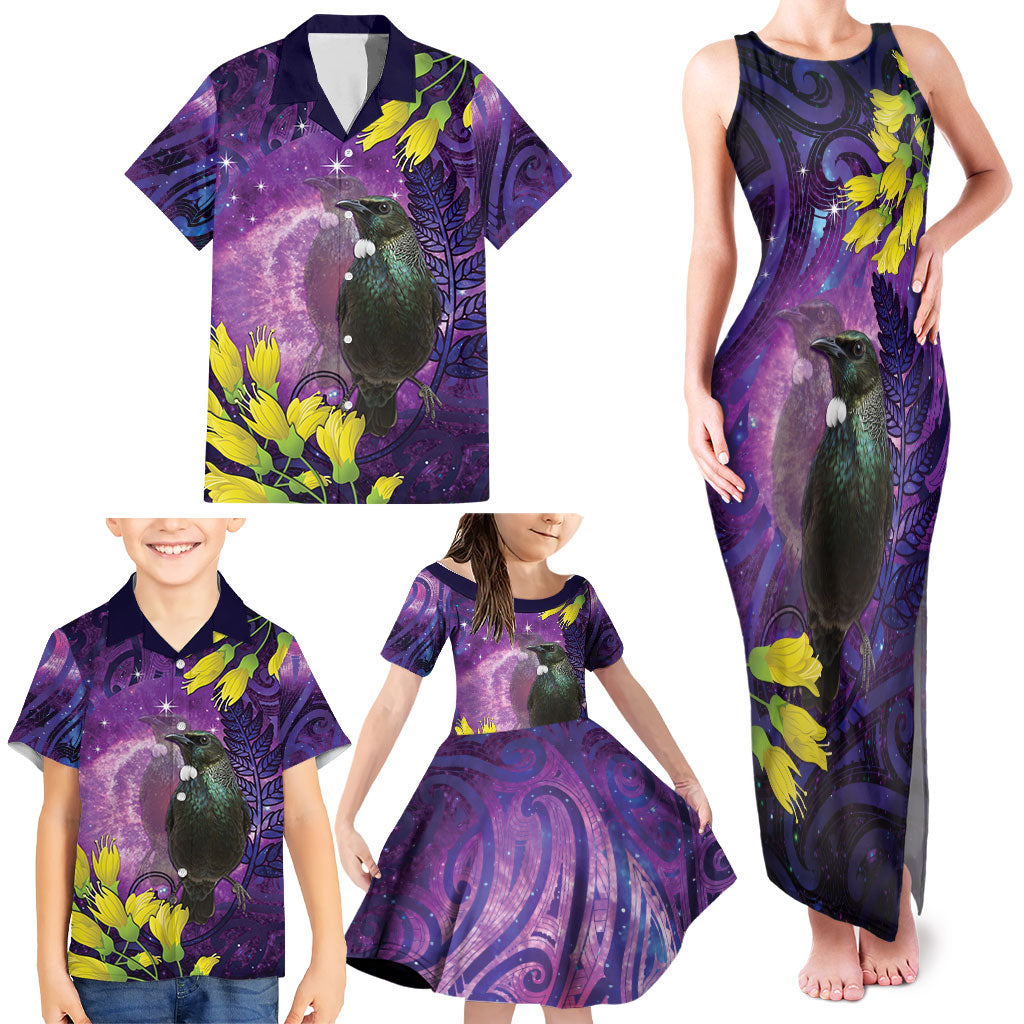 New Zealand Tui Bird Matariki Family Matching Tank Maxi Dress and Hawaiian Shirt Kowhai Flower Silver Fern Galaxy Maori Pattern