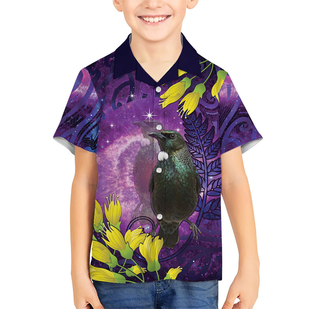 New Zealand Tui Bird Matariki Family Matching Tank Maxi Dress and Hawaiian Shirt Kowhai Flower Silver Fern Galaxy Maori Pattern LT22 Son's Shirt Purple - Polynesian Pride