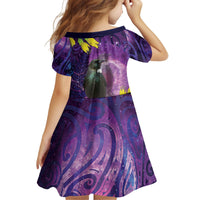New Zealand Tui Bird Matariki Kid Short Sleeve Dress Kowhai Flower Silver Fern Galaxy Maori Pattern LT22 - Polynesian Pride
