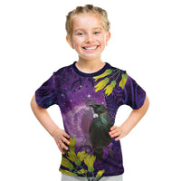 New Zealand Tui Bird Matariki Kid T Shirt Kowhai Flower Silver Fern Galaxy Maori Pattern LT22 Purple - Polynesian Pride