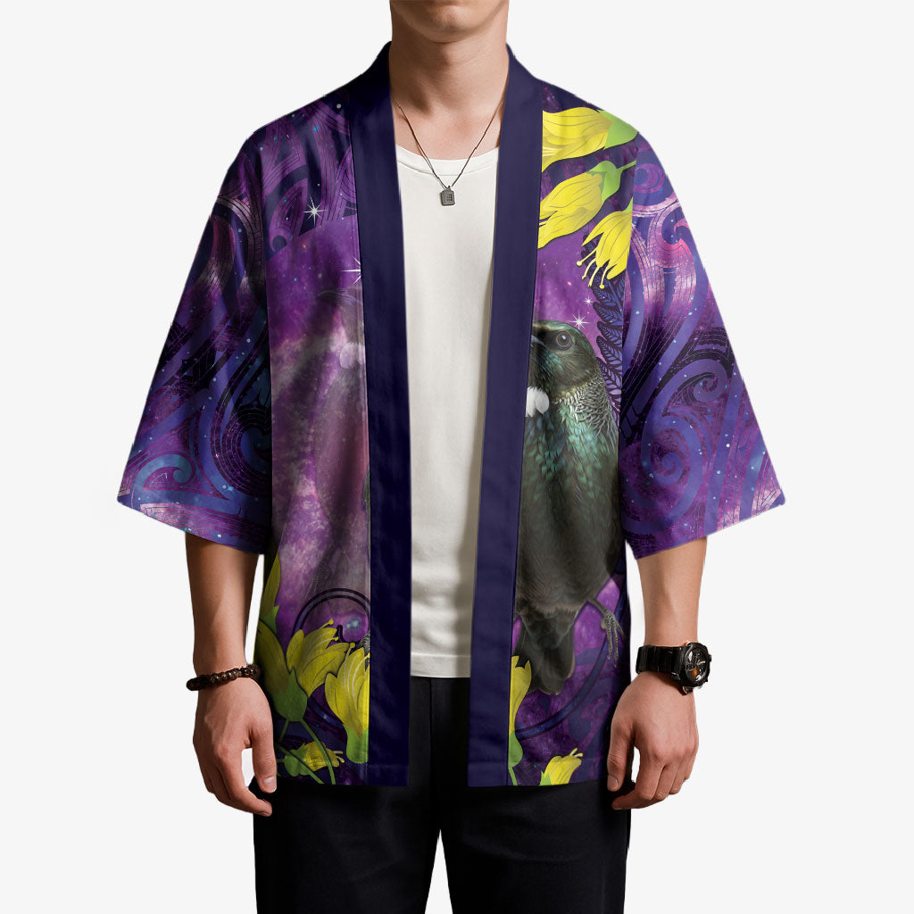 New Zealand Tui Bird Matariki Kimono Kowhai Flower Silver Fern Galaxy Maori Pattern LT22 - Polynesian Pride