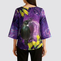 New Zealand Tui Bird Matariki Kimono Sleeve Blouse Kowhai Flower Silver Fern Galaxy Maori Pattern LT22 - Polynesian Pride