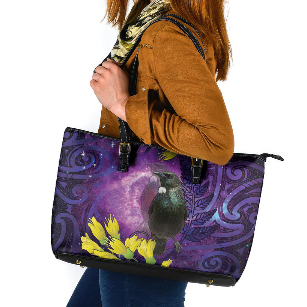 New Zealand Tui Bird Matariki Leather Tote Bag Kowhai Flower Silver Fern Galaxy Maori Pattern LT22 Purple - Polynesian Pride